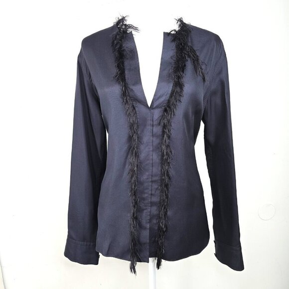Helmut Lang Black Navy Twill Fringe Feather Silk Long Sleeve Blouse - Picture 2 of 11